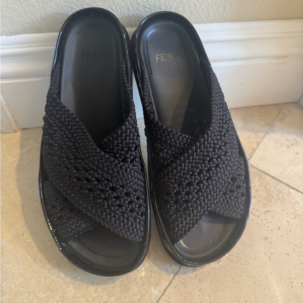 Fendi Black Woven Sandals-Raffia Rubber FF Woven Reflections Crisscross Slide